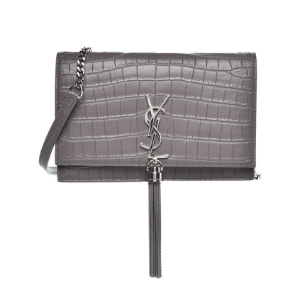 Saint Laurent Calfskin Crocodile Embossed Kate Monogram Tassel Chain Wallet Fog 1 of 8
