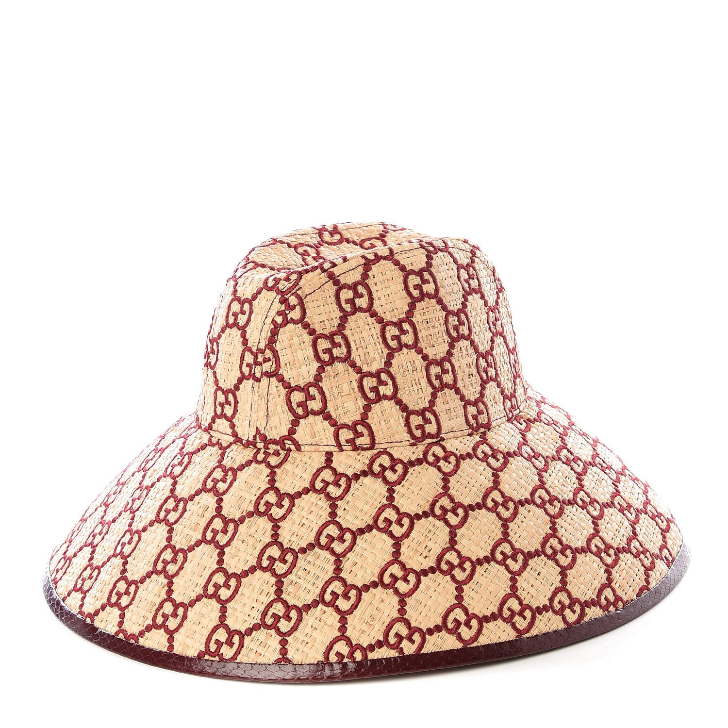 Gucci Raffia Elaphe GG Monogram Embroidered Wide Brim Hat Ivory Bordeaux 1 of 6
