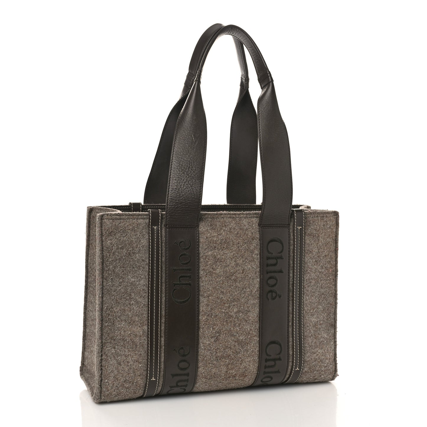 Felt Calfskin Medium Woody Ribbon Tote Deep Beige