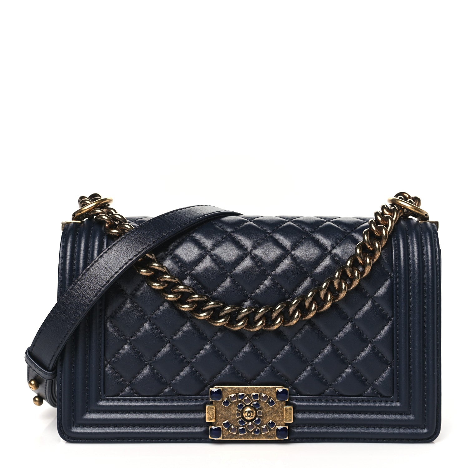 Chanel Lambskin Quilted Gripoix Medium Boy Flap Navy 1 of 10