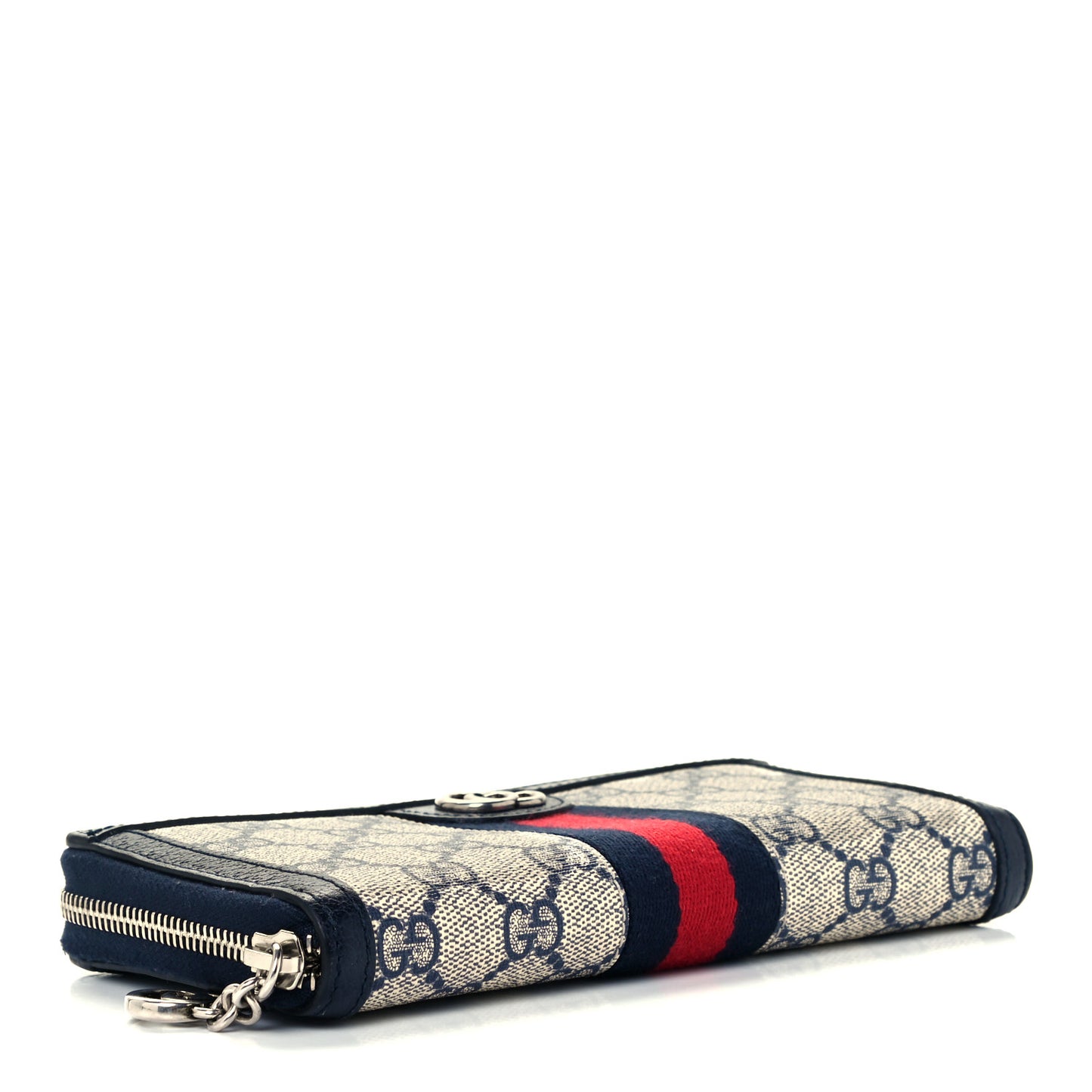 GG Supreme Monogram Textured Dollar Calfskin Web Ophidia Zip Around Wallet Beige Blue