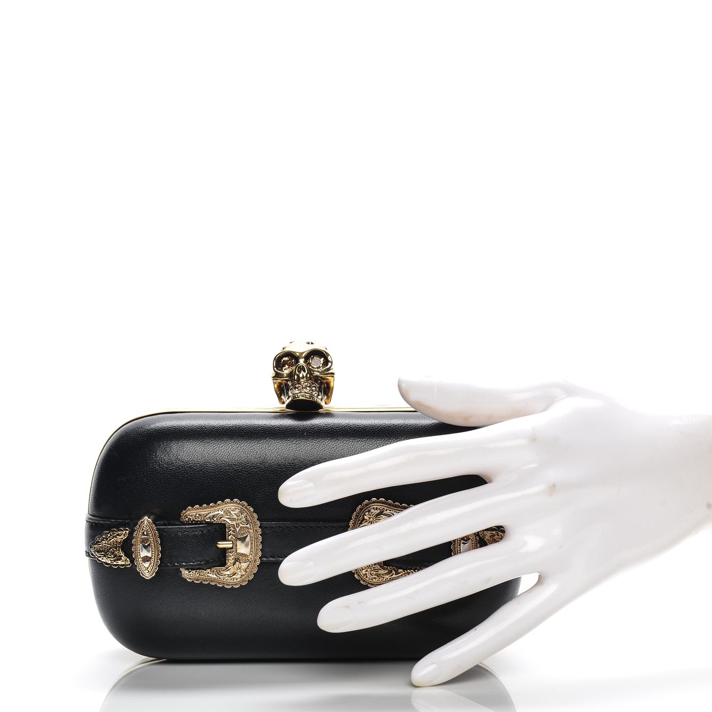Nappa Buckle Skull Box Clutch Black