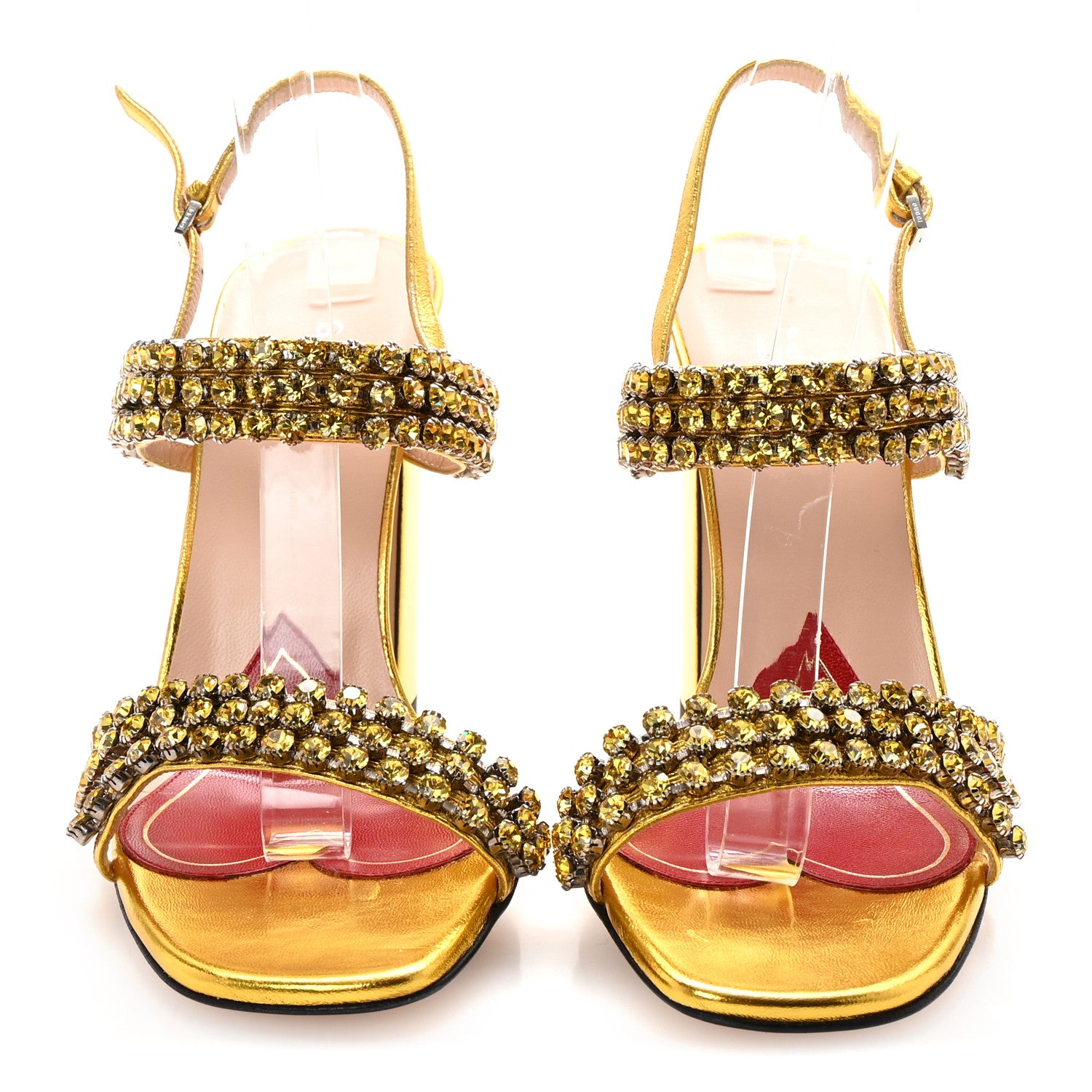 Gucci Nappa Silk Crystal Bertie High Heel Sandals 37.5 Gold 3 of 9