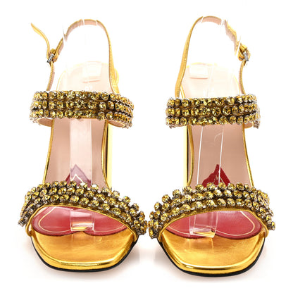 Gucci Nappa Silk Crystal Bertie High Heel Sandals 37.5 Gold 3 of 9