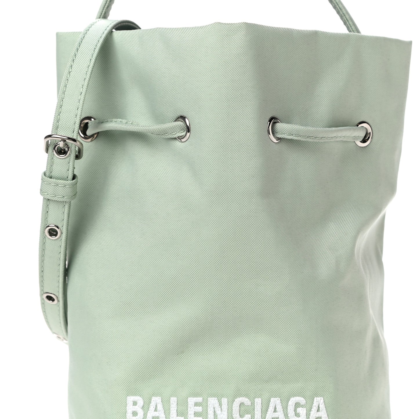 Recycled Sport Nylon Logo Embroidered Wheel Drawstring Bucket Bag Light Green White