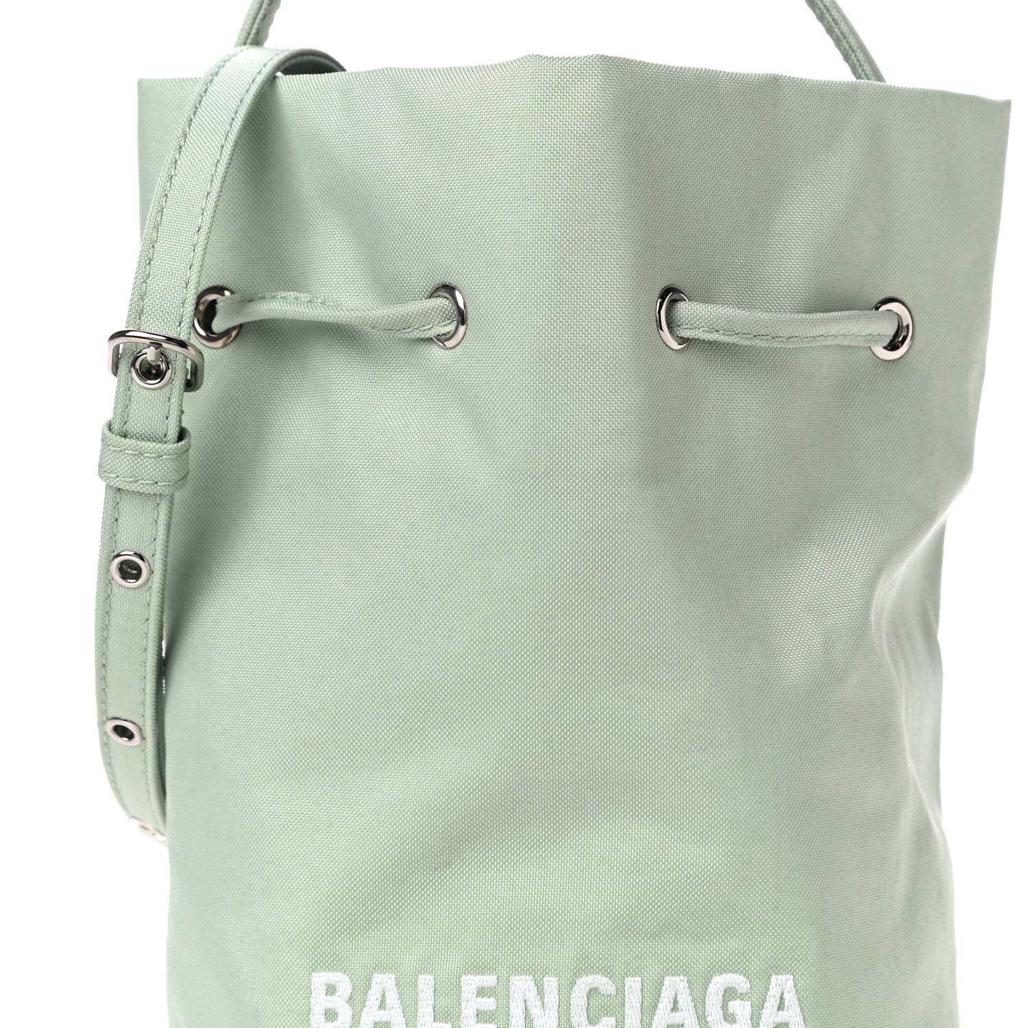Balenciaga Recycled Sport Nylon Logo Embroidered Wheel Drawstring Bucket Bag Light Green White 7 of 9