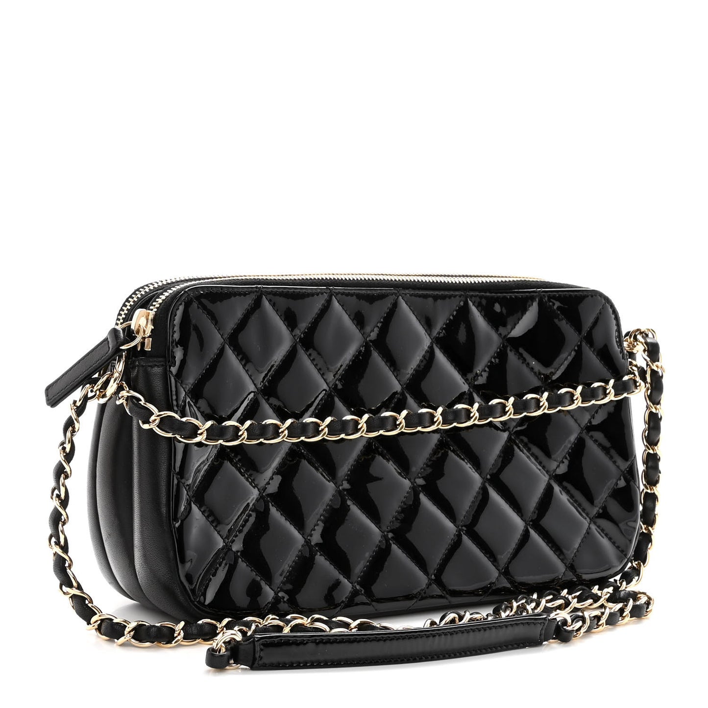 Patent Quilted Crown CC Double Zip Bag Black