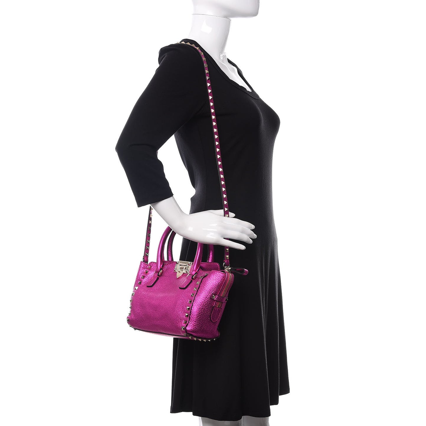 Metallic Grained Calfskin Mini Rockstud Double Handle Tote Peony
