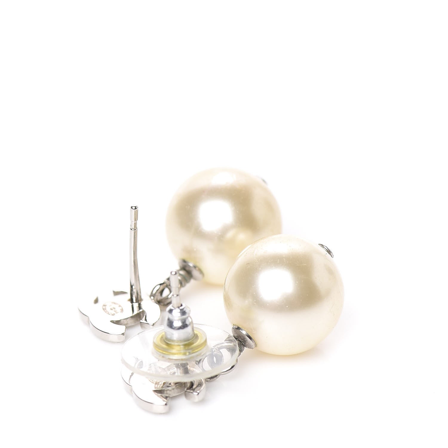 Chanel Crystal Pearl CC Drop Earrings Silver 3 of 5