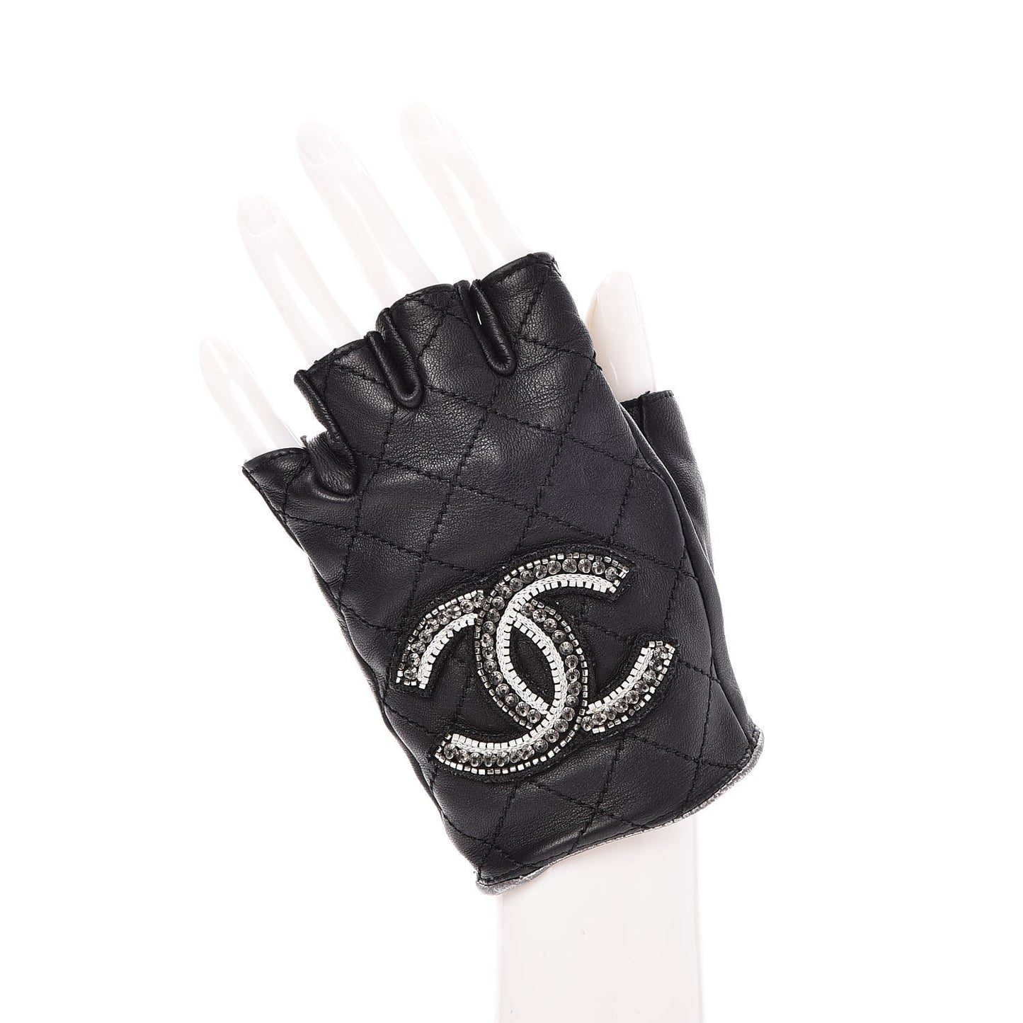 Lambskin Stitched Fingerless CC Embellished Gloves 7 Black