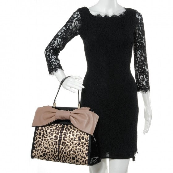 Patent Raffia Leopard Print Medium Aphrodite Bow Satchel Black