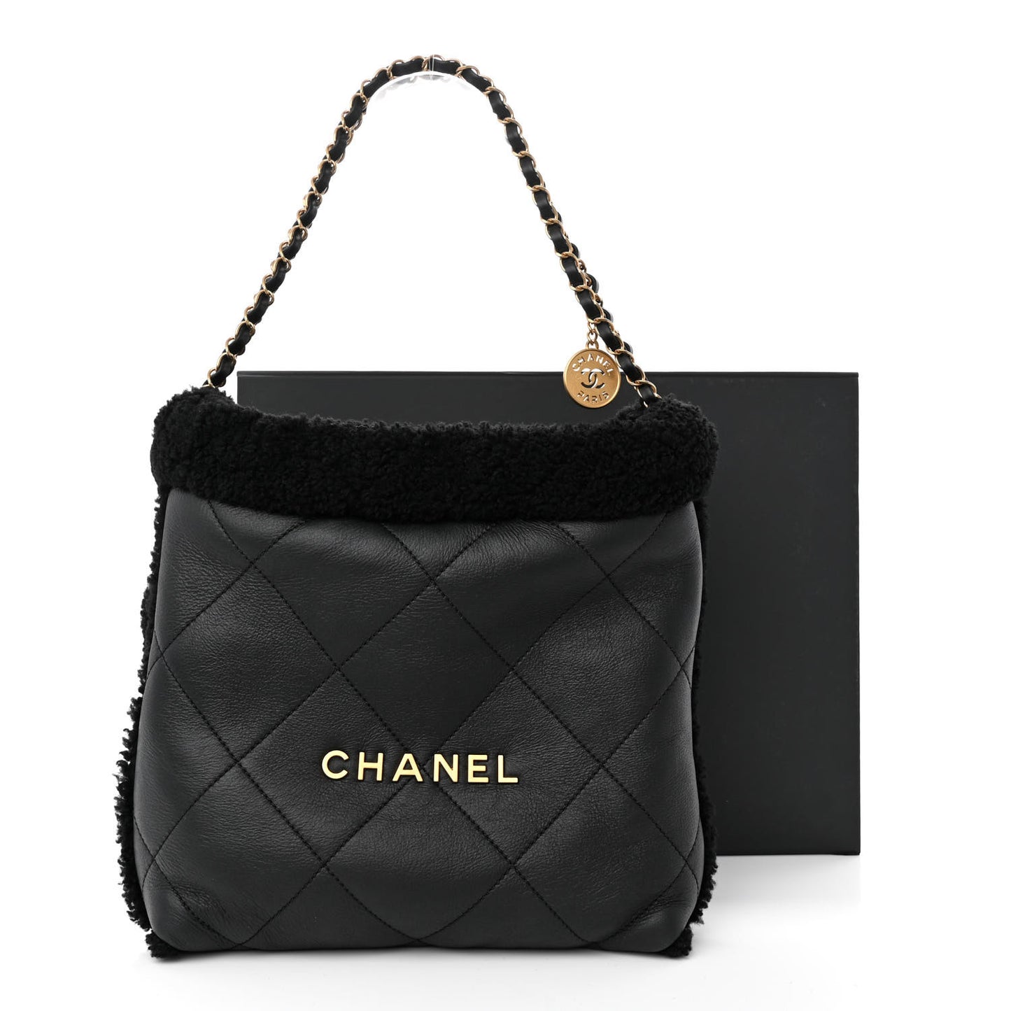 Shearling Aged Lambskin Quilted Small Chanel 22 Black