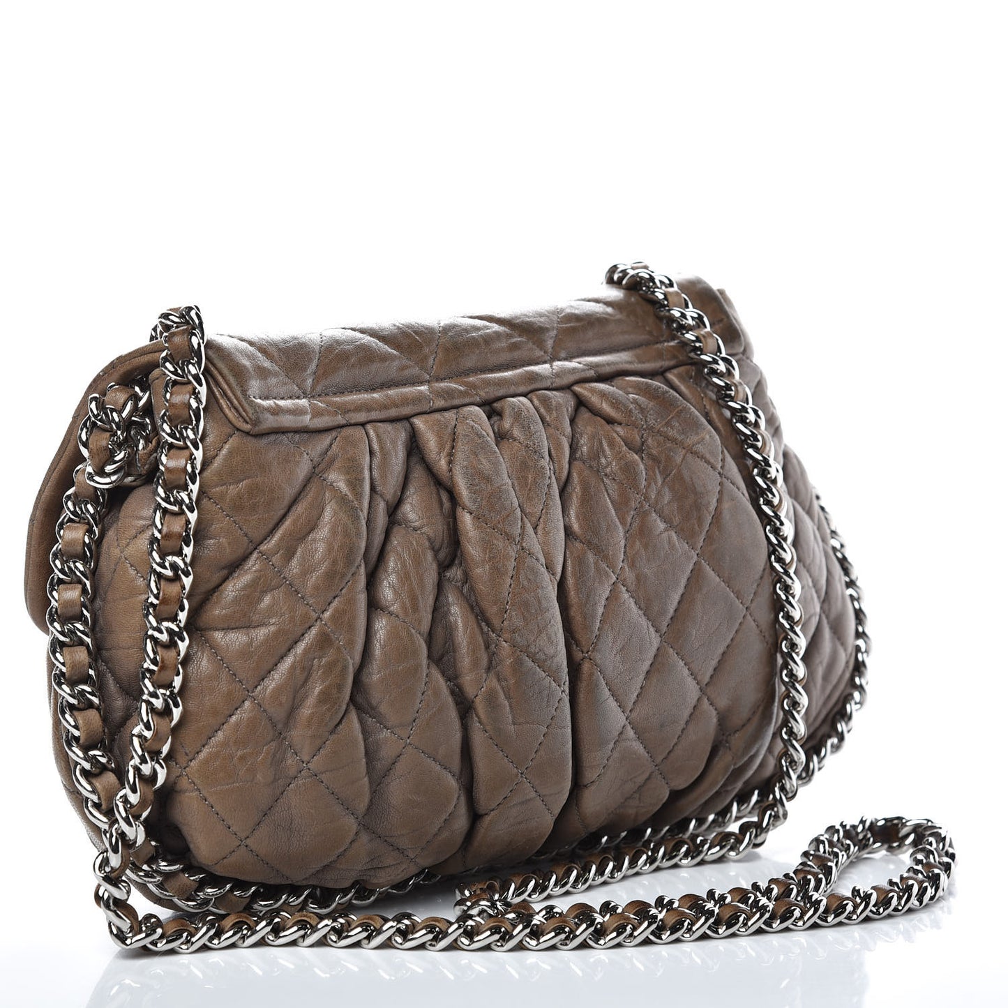 Washed Lambskin Quilted Medium Chain Around Flap Khaki