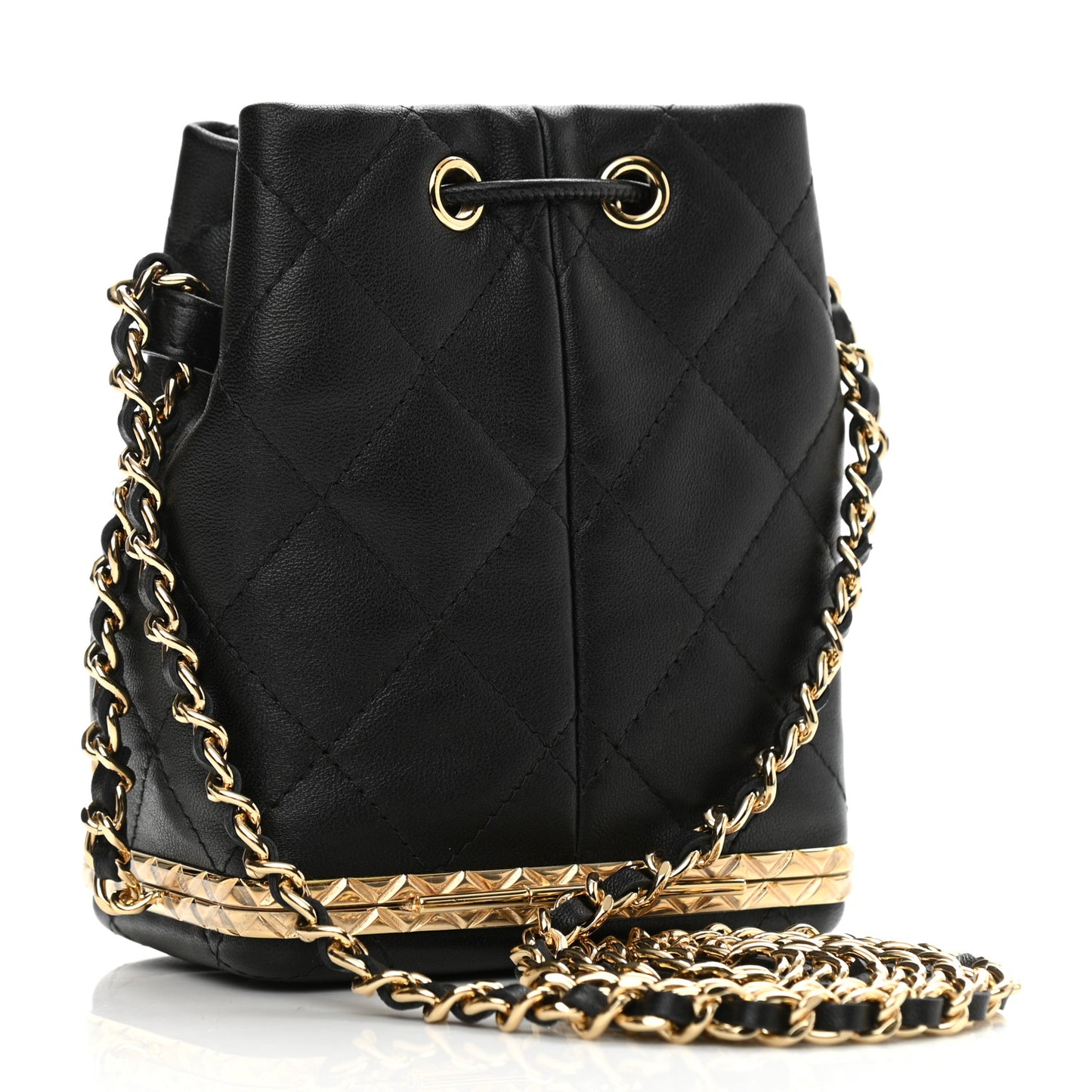 Metal Lambskin Quilted Small Chain Bucket Bag Black