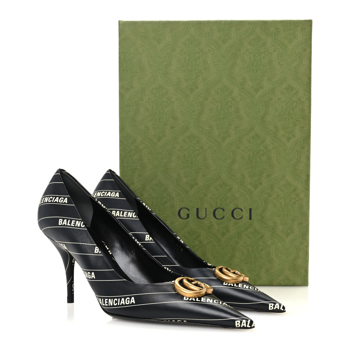 Balenciaga X Gucci Calfskin Logo Print Knife 80mm Pumps 37.5 Black 10 of 10