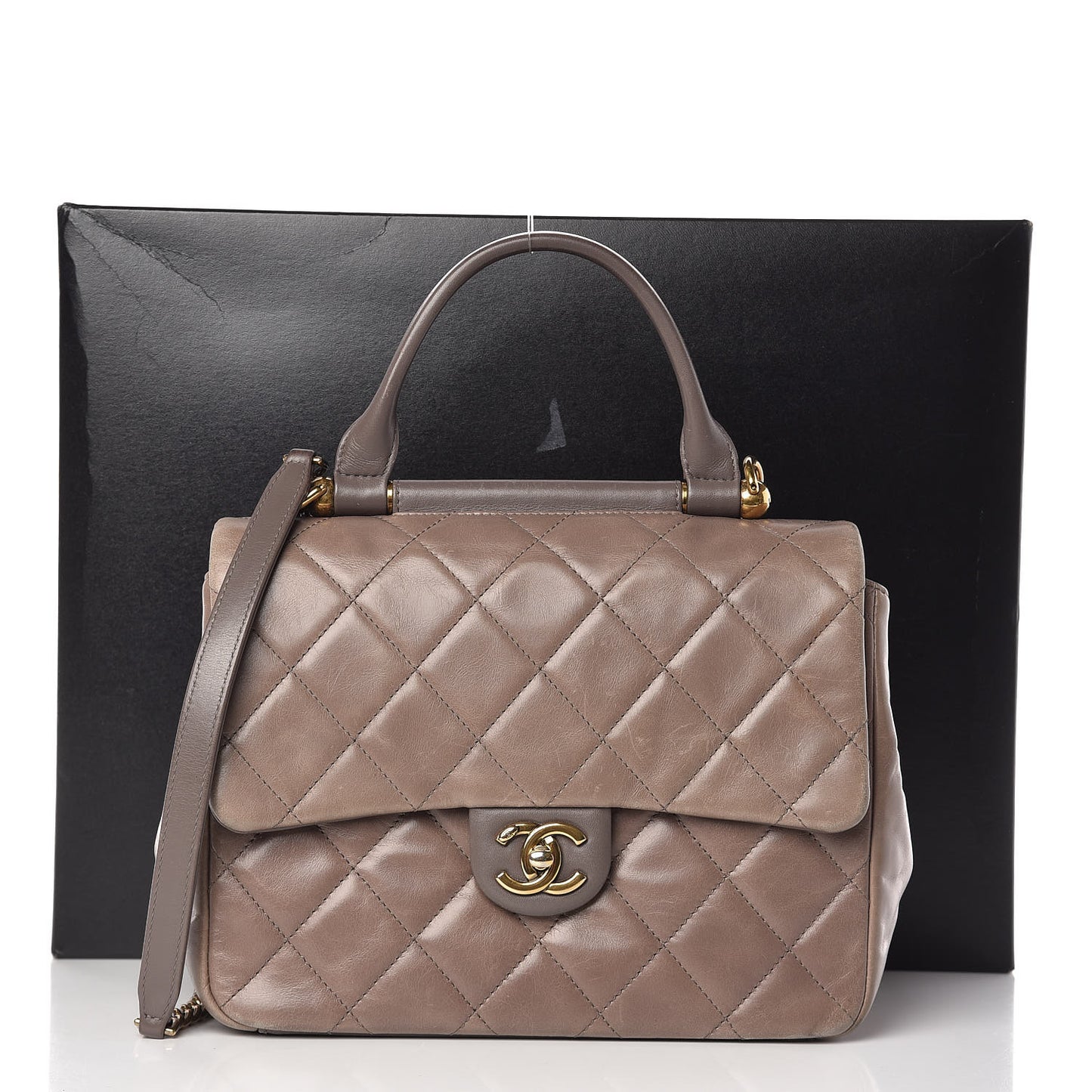 Glazed Calfskin Quilted Medium Gold Bar Top Handle Flap Dark Grey