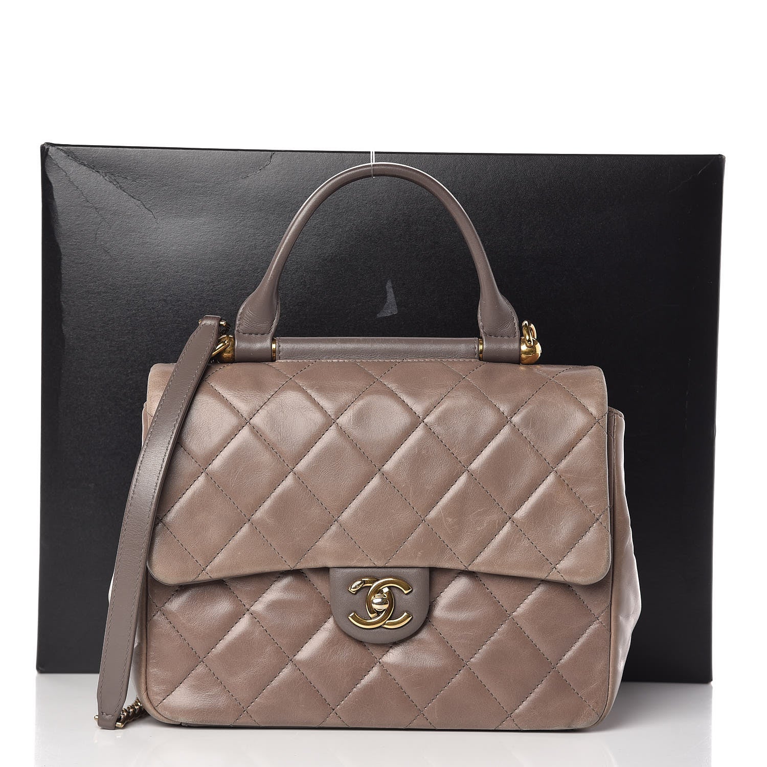 Chanel Glazed Calfskin Quilted Medium Gold Bar Top Handle Flap Dark Grey 14 of 14