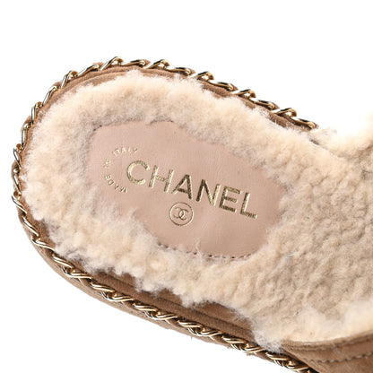 Chanel Kid Suede Shearling CC Chain Mules 40 Light Brown Black 6 of 8