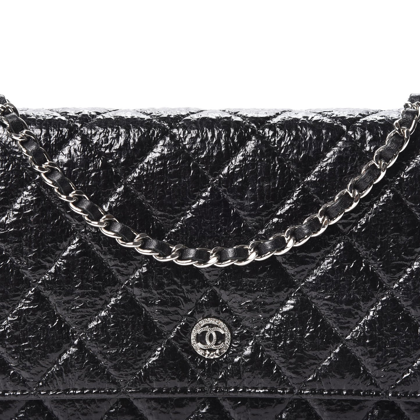 Distressed Patent Calfskin Quilted Wallet on Chain WOC Black