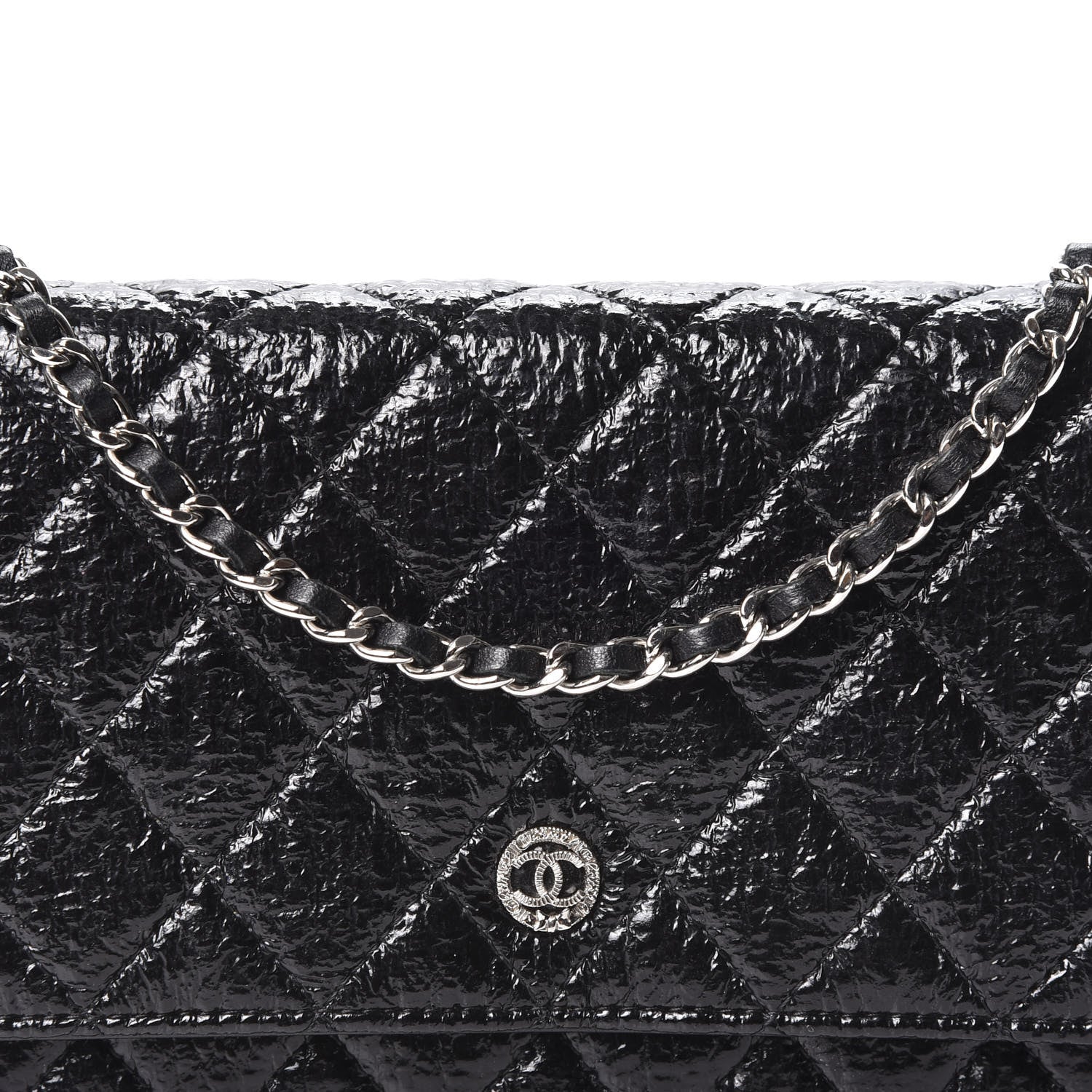 Chanel Distressed Patent Calfskin Quilted Wallet on Chain WOC Black 10 of 11