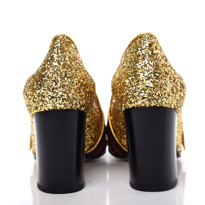 Gucci Glitter Nappa Web Peyton 75mm Loafer Pumps 39 Oro Vecchio 7 of 11