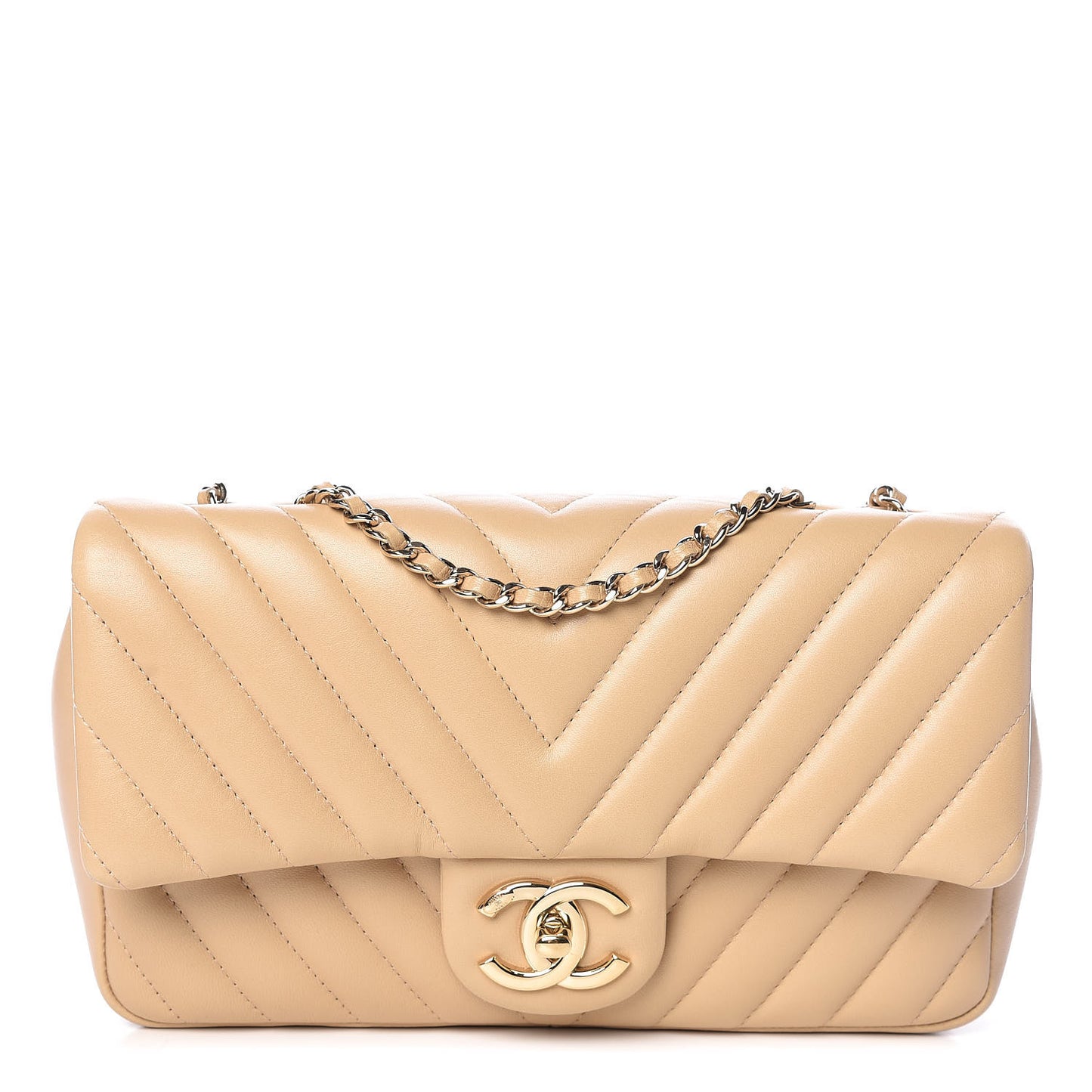 Lambskin Surpique Chevron Quilted Small Single Flap Light Beige