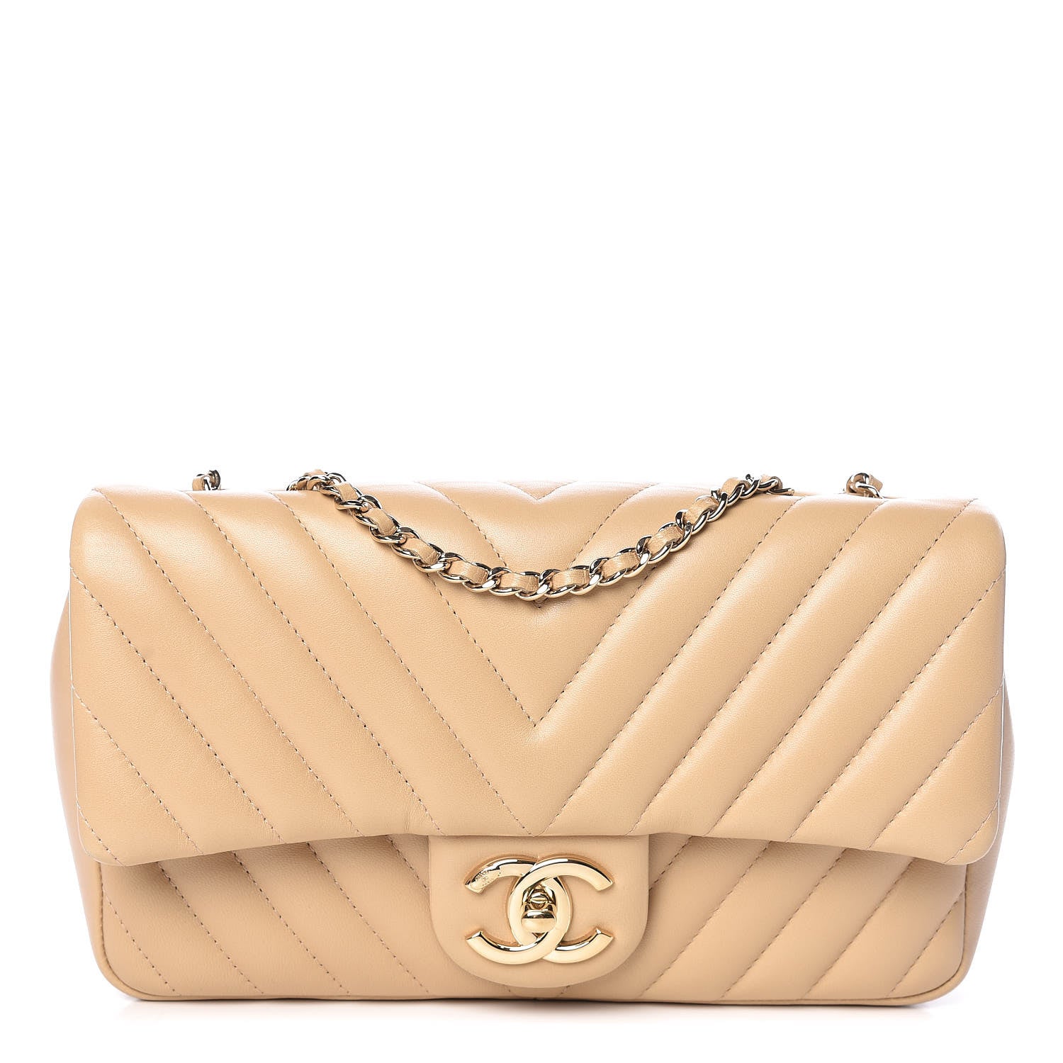 Chanel Lambskin Surpique Chevron Quilted Small Single Flap Light Beige 1 of 11