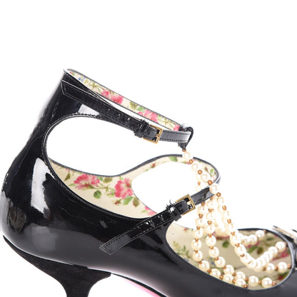 Gucci Patent Pearl Taide T-Strap Mid Heel Pumps 39 Black 7 of 10
