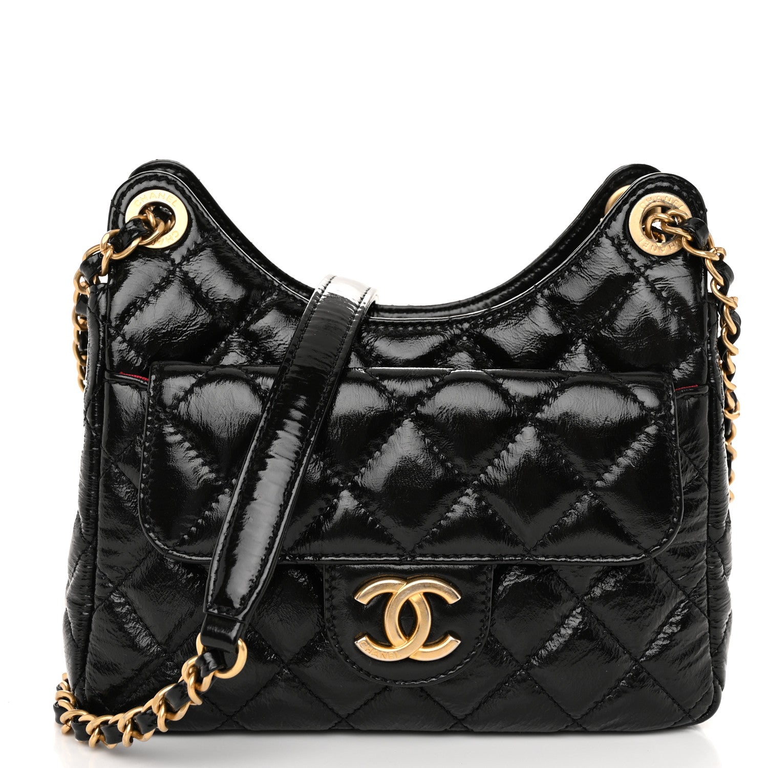 Chanel Shiny Crumpled Calfskin Quilted Small Wavy CC Hobo Black 1 of 10