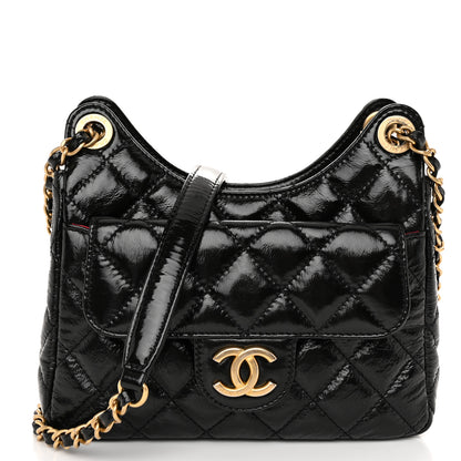 Chanel Shiny Crumpled Calfskin Quilted Small Wavy CC Hobo Black 1 of 10