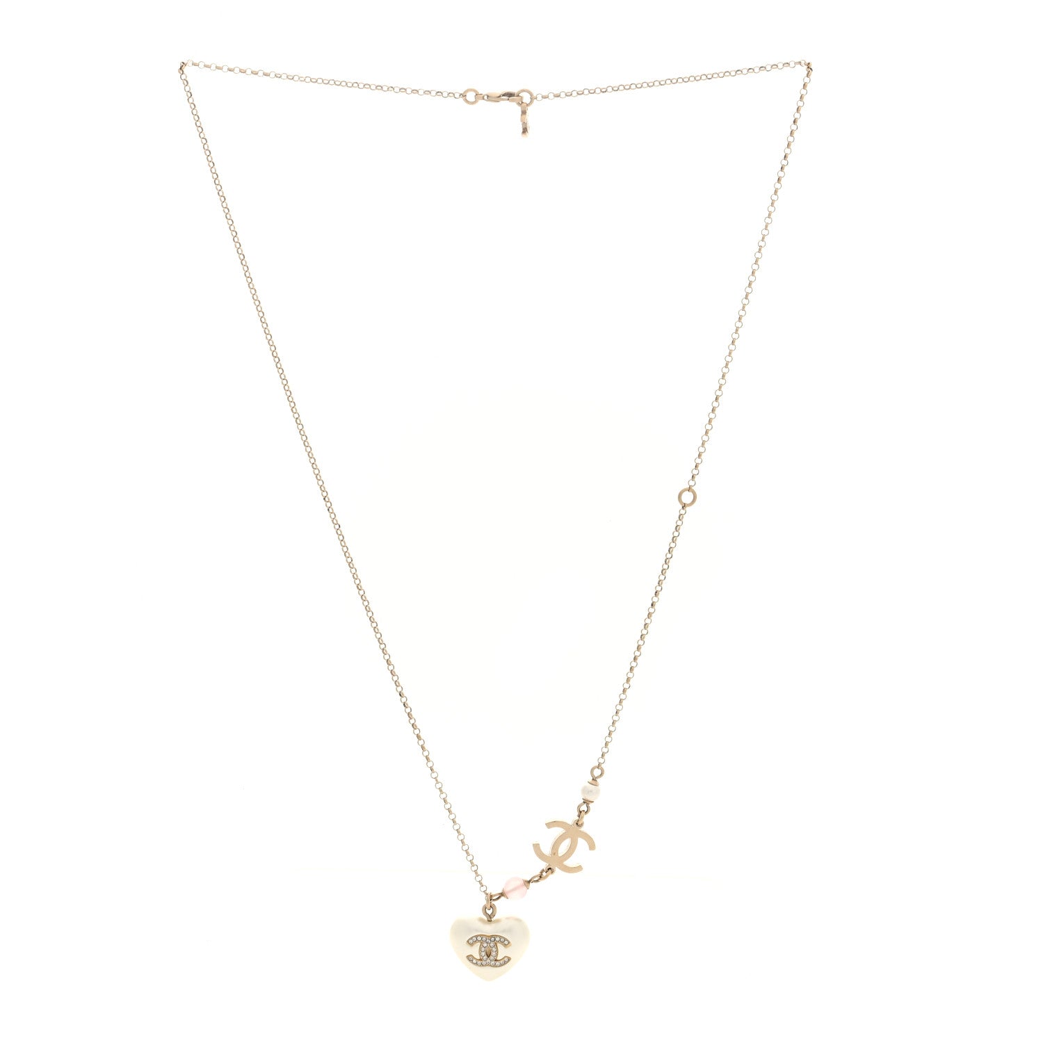 Chanel Resin Crystal CC Heart Necklace Pearly White Gold 3 of 5