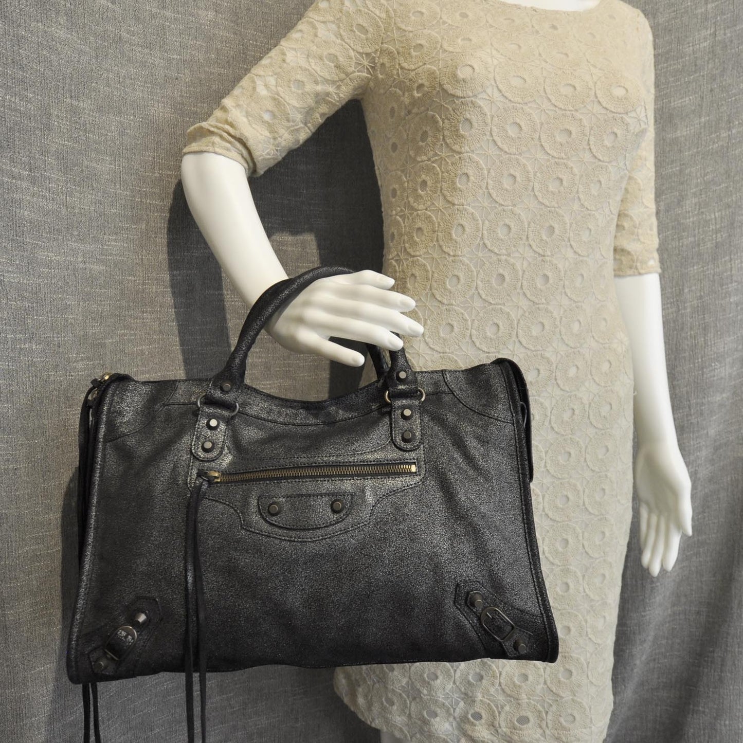Metallic Craquele Calfskin Classic Hardware City Black
