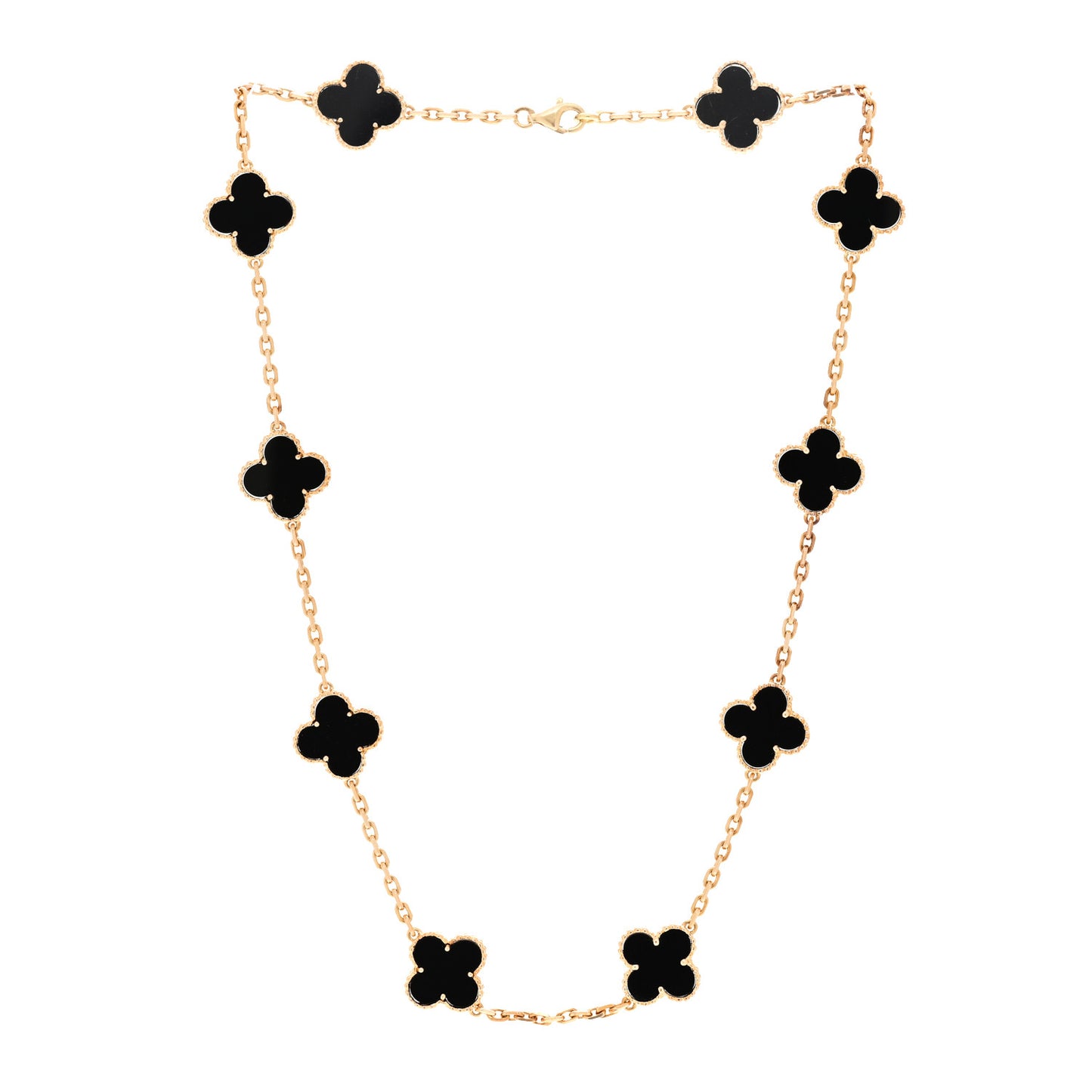 18K Yellow Gold Black Onyx 10 Motifs Vintage Alhambra Necklace