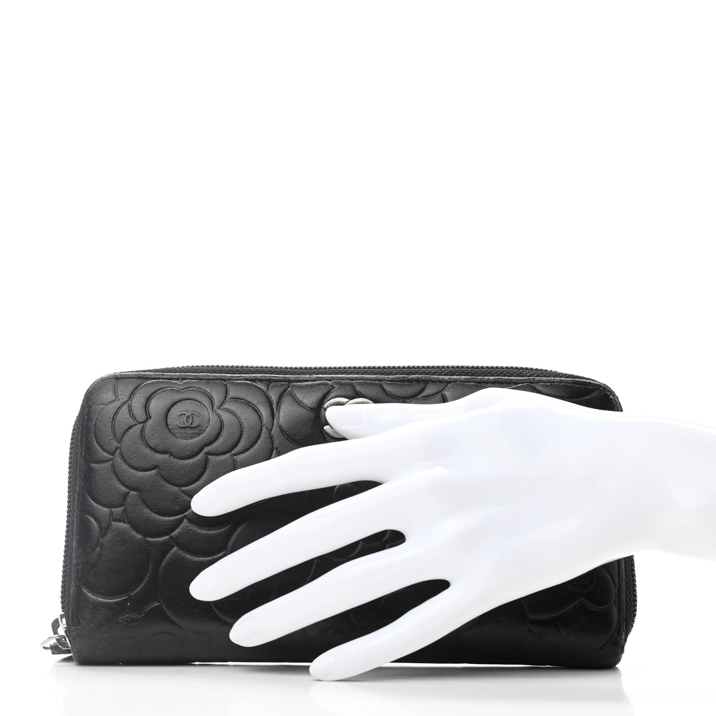 Lambskin Camellia Embossed Large Zip Around Gusset Wallet Black