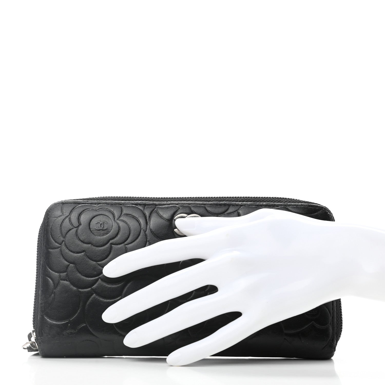 Chanel Lambskin Camellia Embossed Large Zip Around Gusset Wallet Black 2 of 8