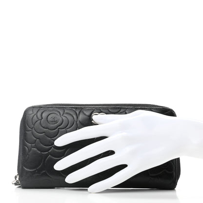Chanel Lambskin Camellia Embossed Large Zip Around Gusset Wallet Black 2 of 8