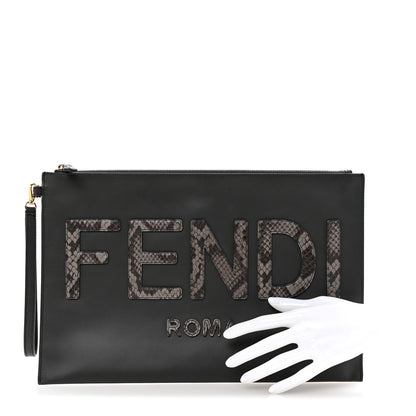Fendi Vitello King Luxor Elaphe Snakeskin Print Logo Medium Flat Pouch Anthracite Asphalt 2 of 6