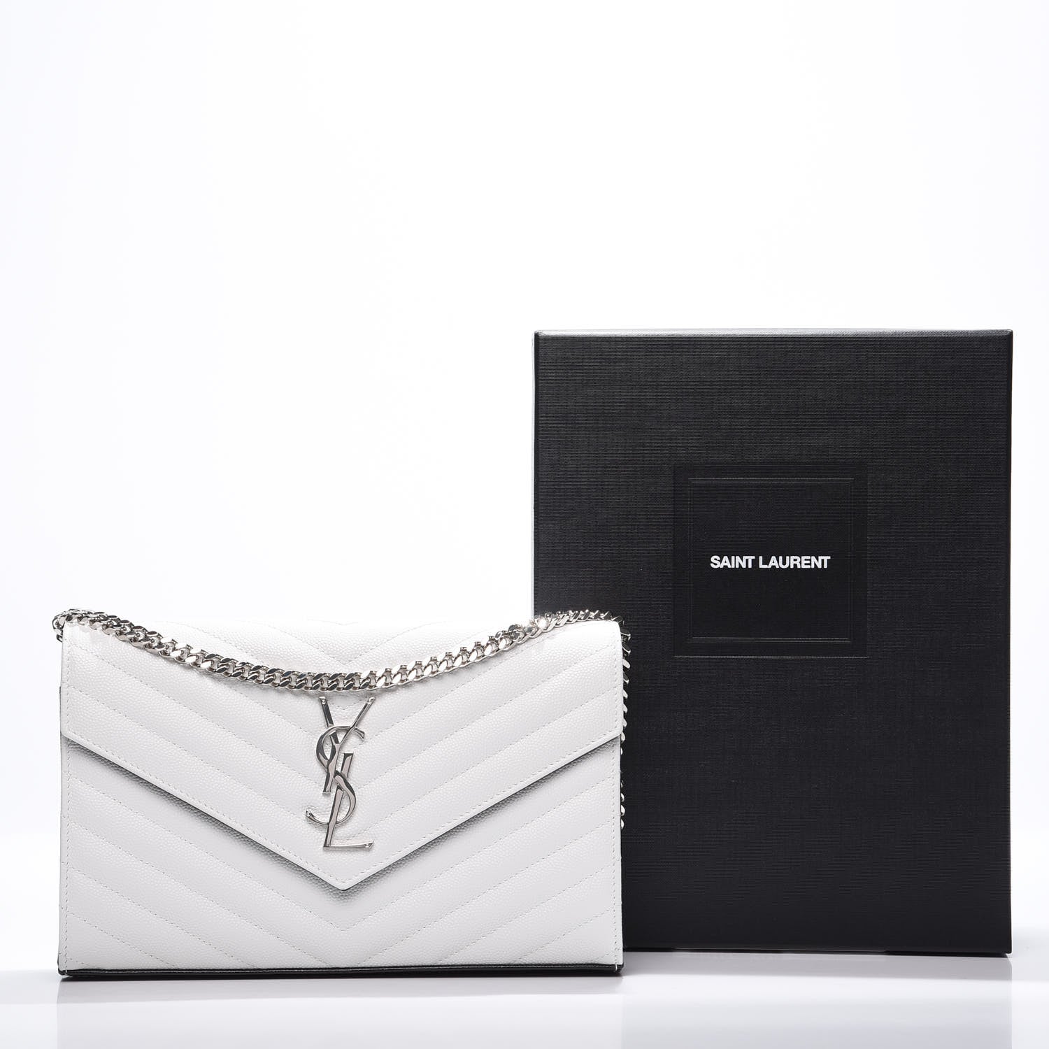 Saint Laurent Grain De Poudre Matelasse Bi-Color Chevron Monogram Chain Wallet White Black 9 of 9