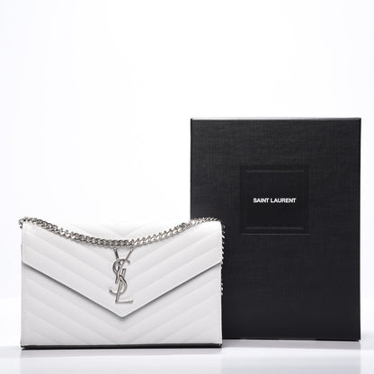 Saint Laurent Grain De Poudre Matelasse Bi-Color Chevron Monogram Chain Wallet White Black 9 of 9