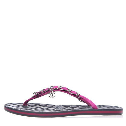 Chanel Suede Calfskin Quilted Chain Thong Sandals 36.5 Pink 1 of 8