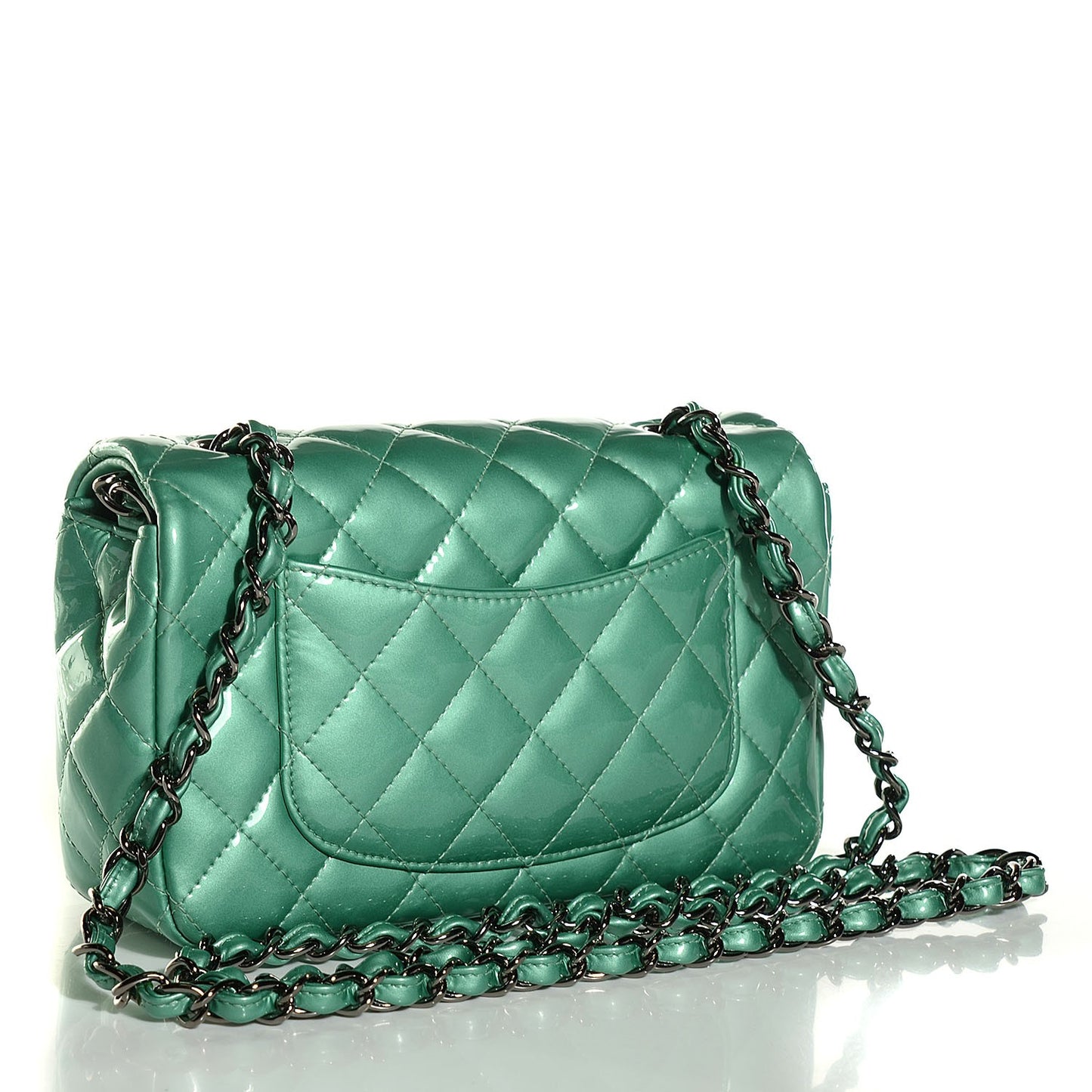 Patent Calfskin Quilted Mini Rectangular Flap Green