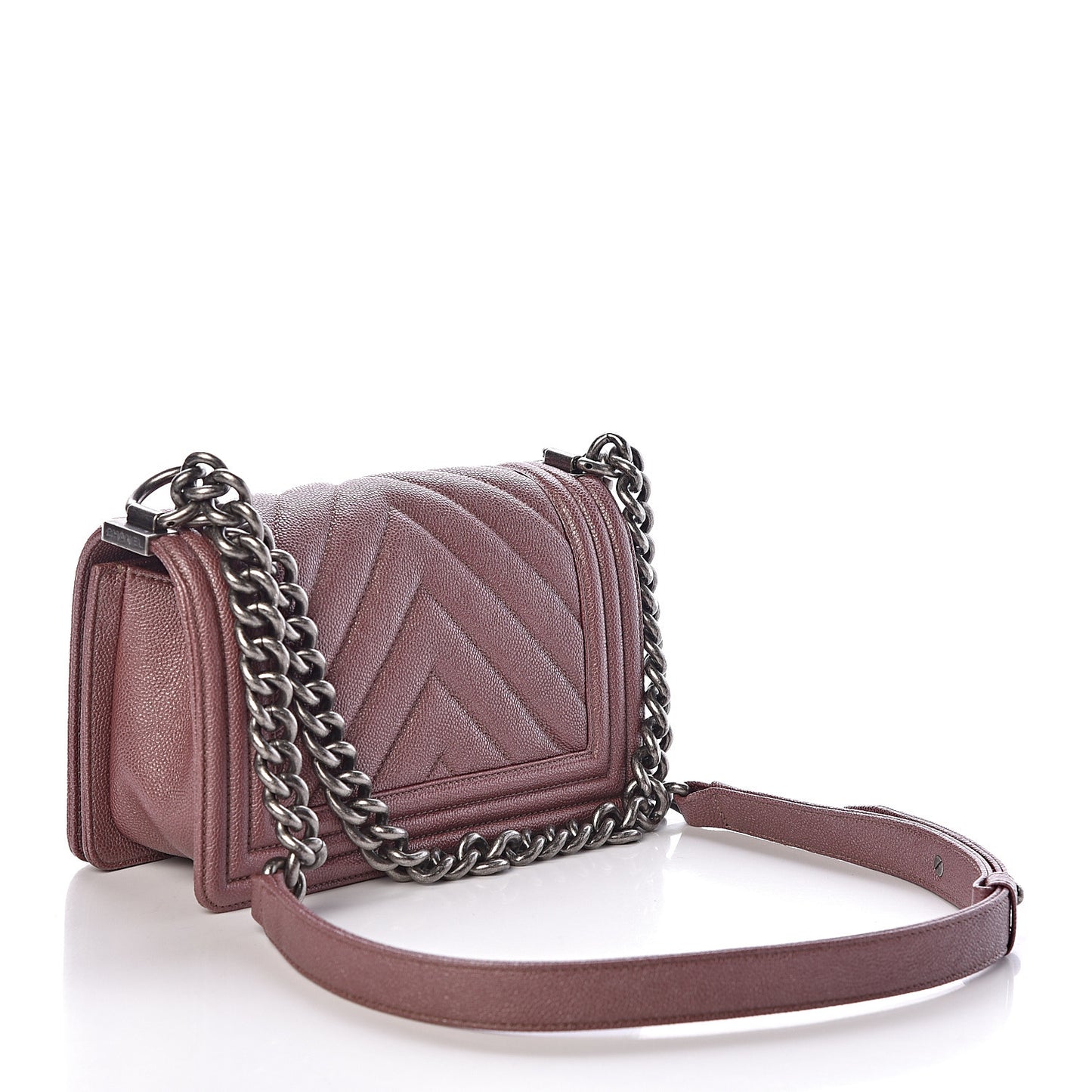 Metallic Caviar Chevron Quilted Small Boy Flap Dark Pink