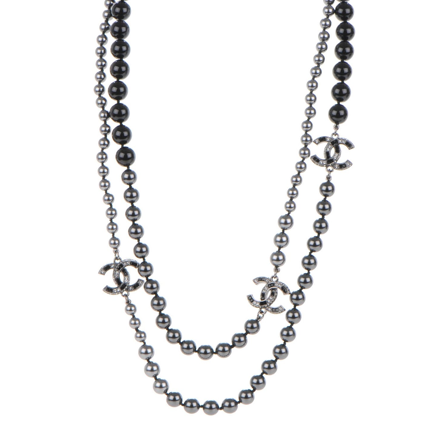 Ruthenium Graduated Bead Crystal CC Long Necklace Black