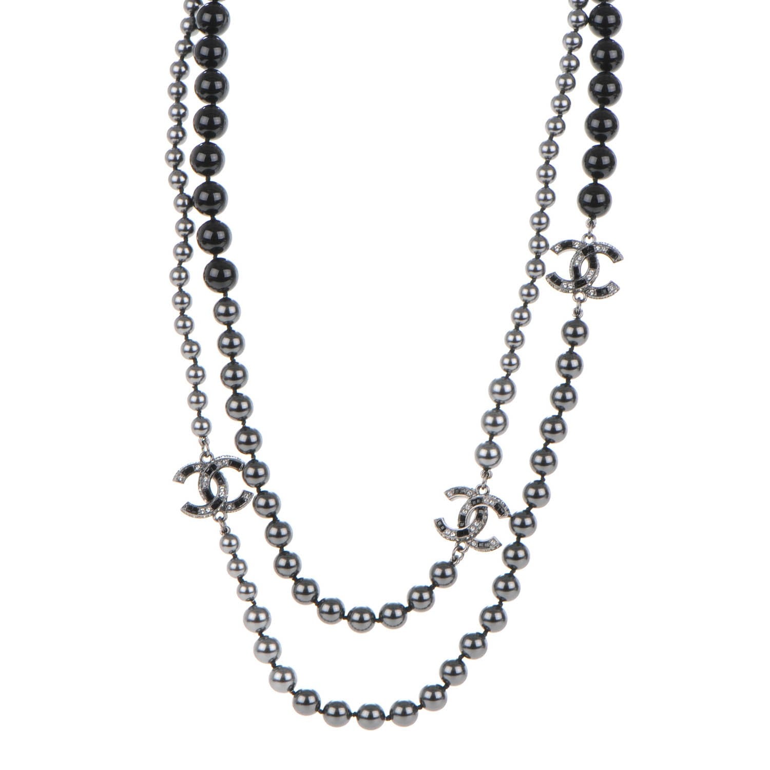 Chanel Ruthenium Graduated Bead Crystal CC Long Necklace Black 1 of 5