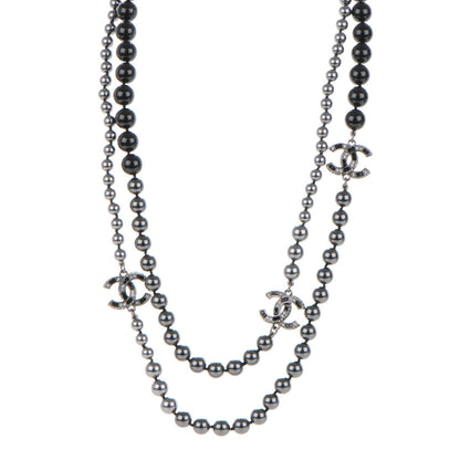 Chanel Ruthenium Graduated Bead Crystal CC Long Necklace Black 1 of 5