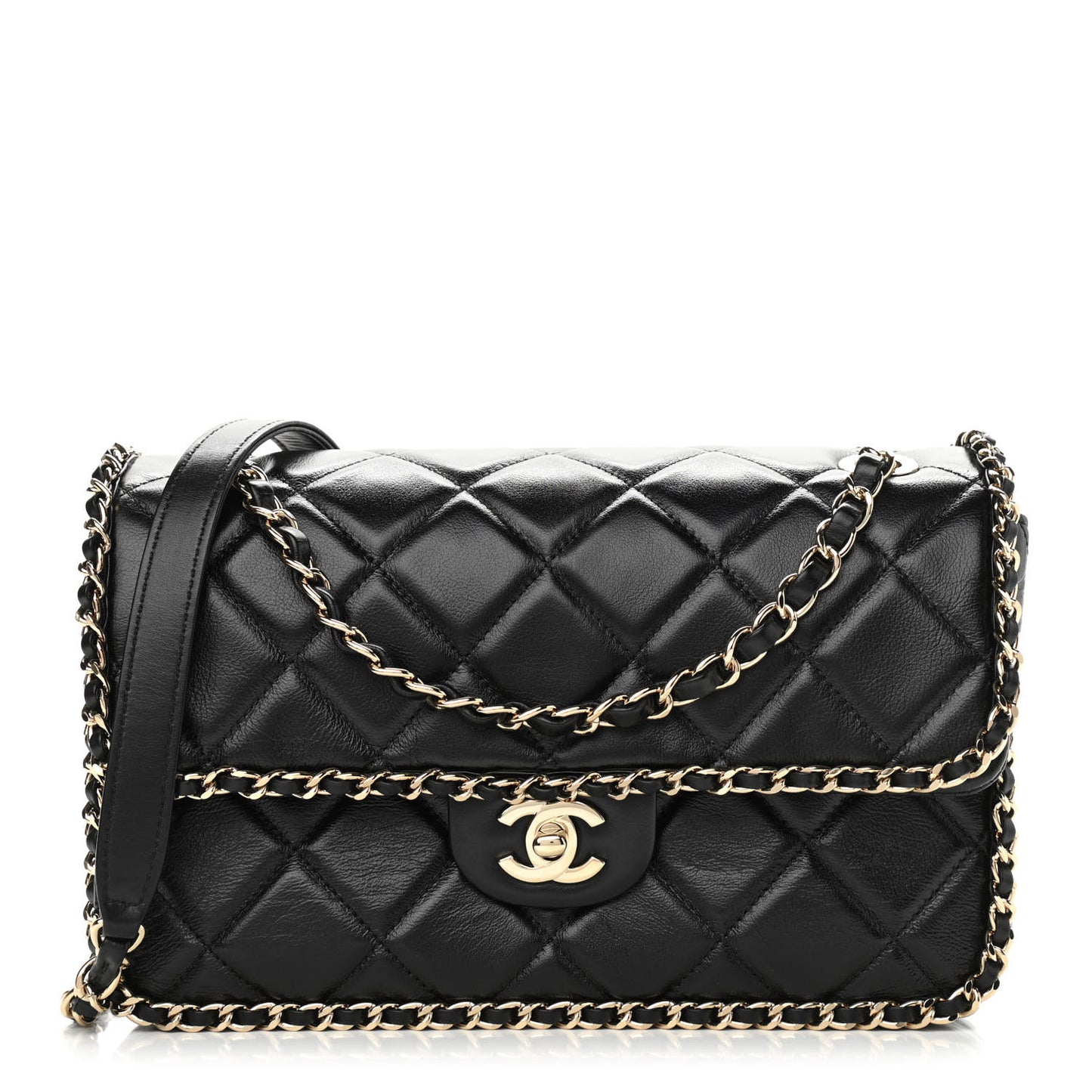 Crumpled Calfskin Medium Chain All Over Flap Black