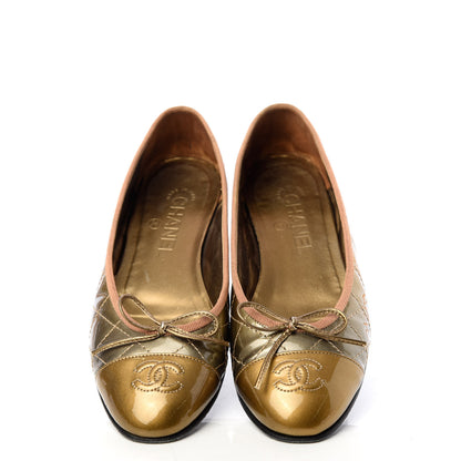 Chanel Metallic Patent Quilted CC Cap Toe Ballerina Flats 37.5 Bronze Grey 5 of 11