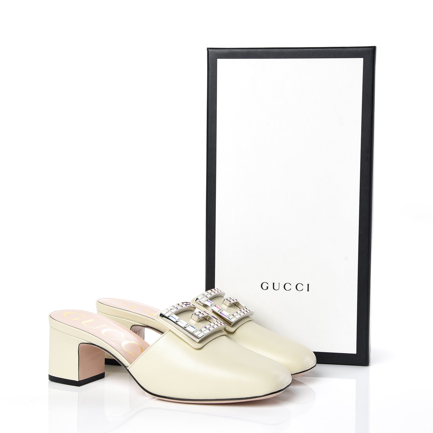 Gucci Malaga Kid Crystal Square G Madelyn Mules 36.5 Vintage White 8 of 8
