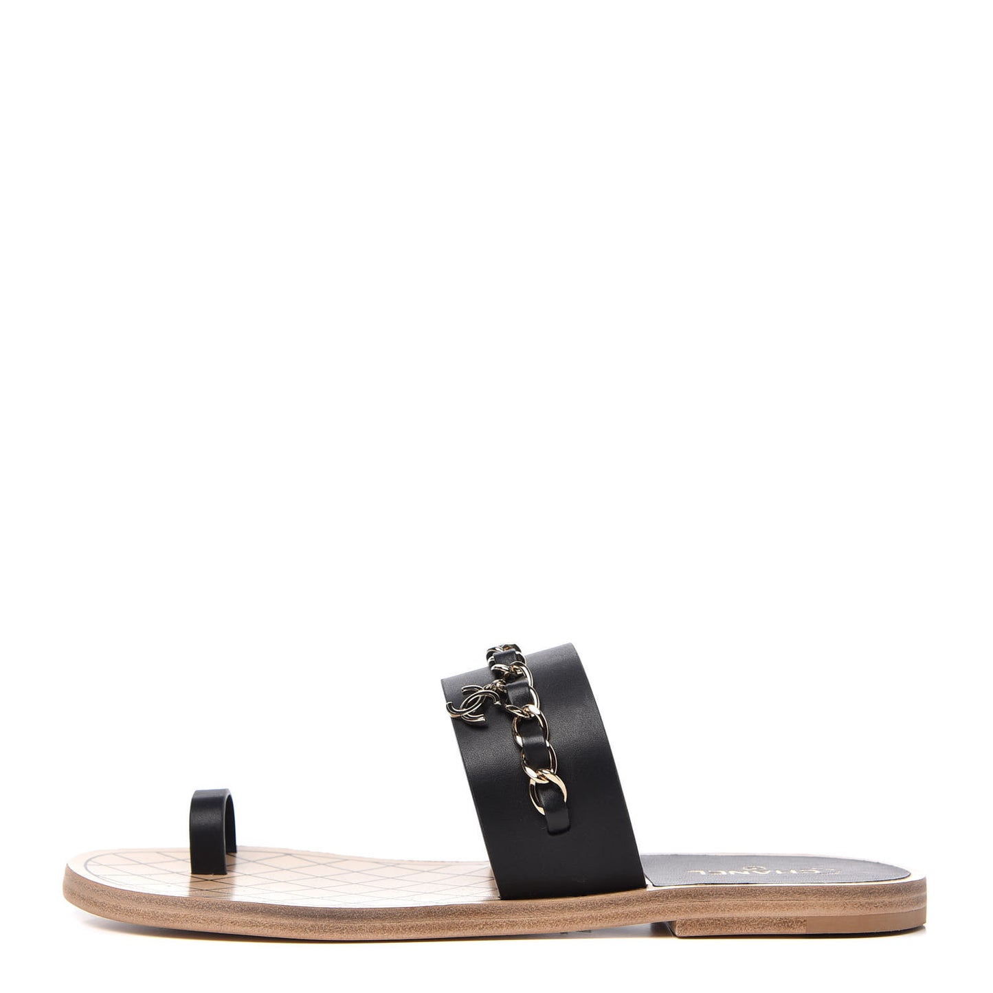 Calfskin Chain CC Logo Toe Ring Sandals 39 Black