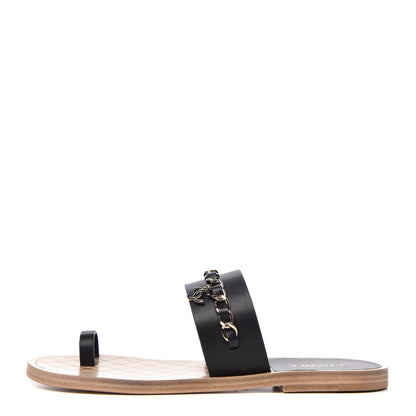 Chanel Calfskin Chain CC Logo Toe Ring Sandals 39 Black 1 of 8